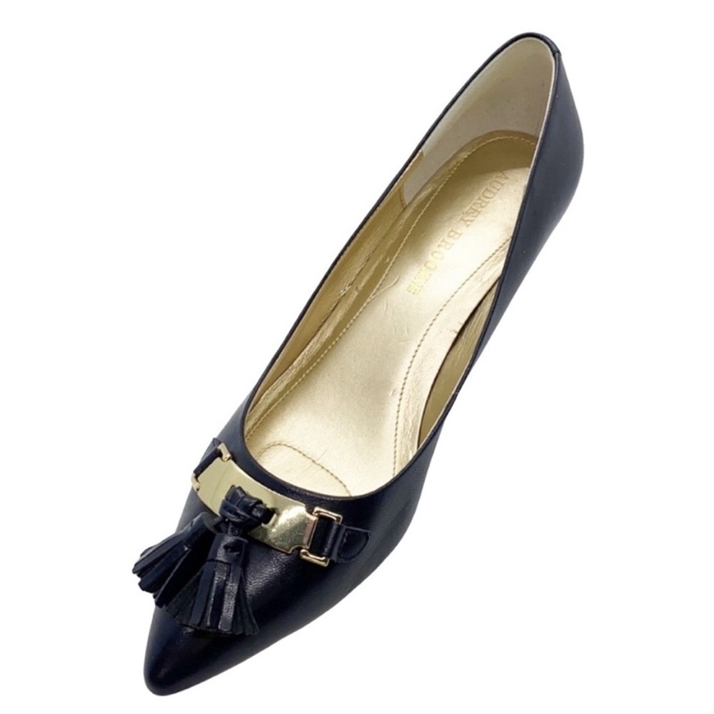 Audrey Brooke Navy Tassels Gold Plate Heels
